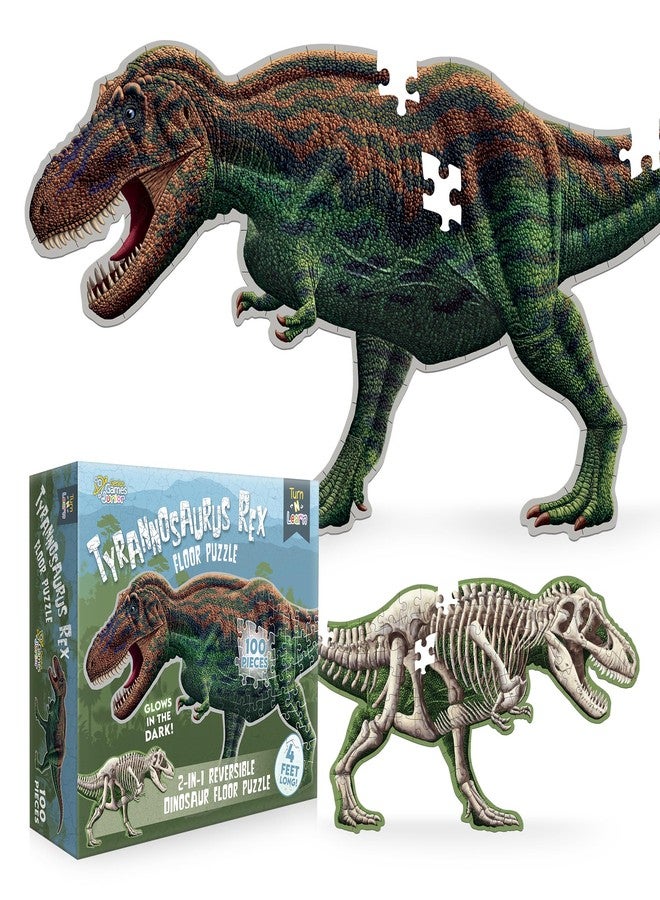 Genius Games Tyrannosaurus Rex Dinosaur Jigsaw Puzzle | 100-Piece Double Sided Floor Puzzle with Glow-in-The-Dark Skeleton On Other Side | 4 FT Scientifically Accurate Dino Illustration | Educational Toy for Kids - Image 1